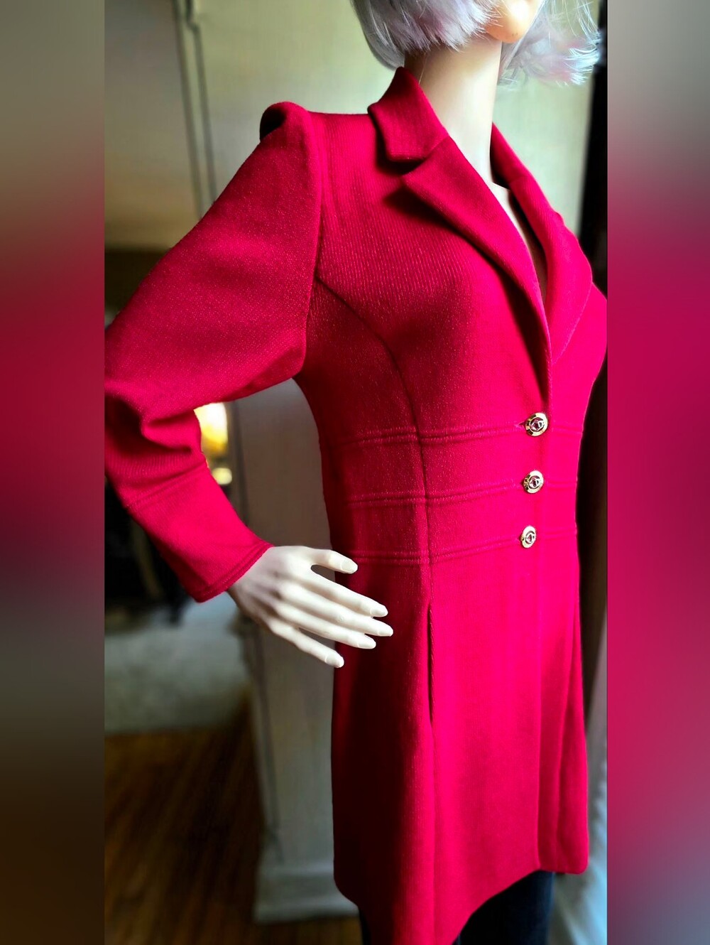St John Collection Marie Gray Red Long Knit Jacket Coat Gold Buttons Sz 6 - Picture 2 of 10